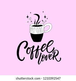 Drawn inscriptions about coffee. Vector drawing for a menu of drinks and beverages or cafe.