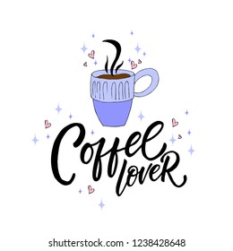 Drawn inscriptions about coffee. Vector drawing for a menu of drinks and beverages or cafe.