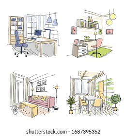Drawn interiors. Bedroom living room offices in modern building workplace studio vector sketch
