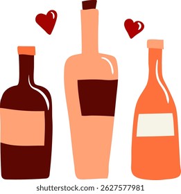 drawn isolated vector elements wine and champagne bottles in a simple modern abstract style with hearts