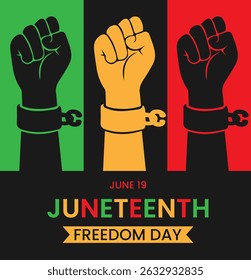 Drawn Juneteenth celebration postcard, 19 june. Greeting square post for social media. Simple background with hand clenched into fist, freed from shackles, broken chains. Flat vector EPS10