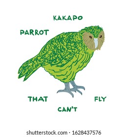 Drawn kakapo with text Kakapo parrot that can not fly. Childish tee shirt print.