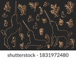 Drawn kit silhouettes, unicorn and flowers in medieval tapestries style bronze line- art