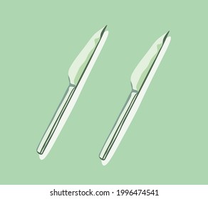 Drawn kitchen knives in an unusual style using soft colors