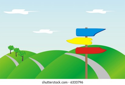 The drawn landscape with road and direction signs