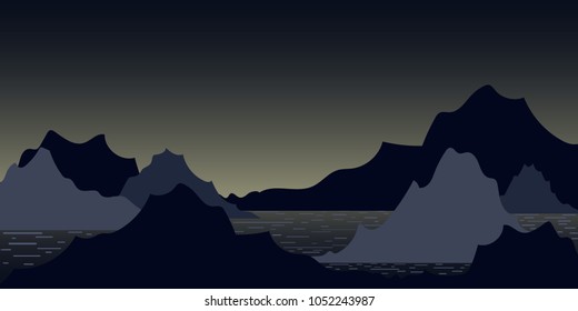  Drawn landscape with silhouette mountain peaks. Vector ilustration.