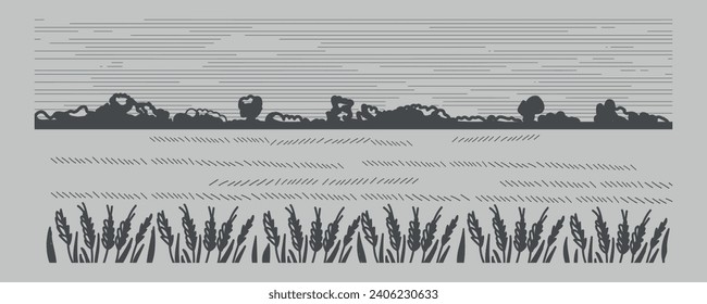 Paisaje dibujado con campo de trigo