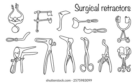 Drawn large set of surgical retractors and surgical clamps. Instruments that widen wounds and instruments that compress elements needed by the doctor. Medical instruments used in surgical practice.