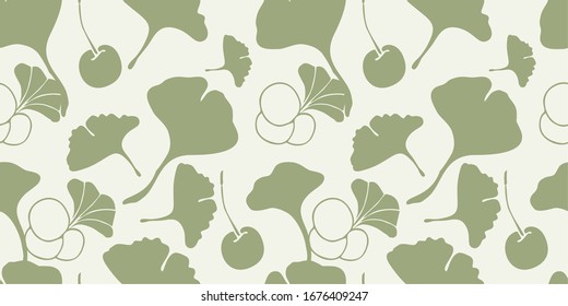 Drawn leaves of ginkgo biloba and medicinal tree berries, geometric seamless pattern on a beige background, vector. For printing on medical and cosmetic packaging, textiles, booklets, wallpaper.
