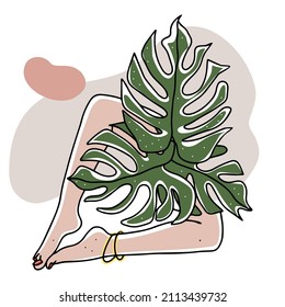 Drawn legs and leaves.Pedicure. Nail salon. Beauty Studio. Beauty service. Moles, freckles. Monstera deliciosa.Linear art. Beautiful l Vector black and white illustration isolated on white background.