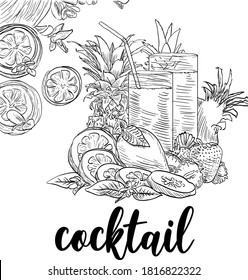 Drawn lemonades with fruit and straw
