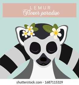 drawn lemur with closed eyes and plumeria on the head, vector graphics
