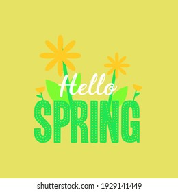 drawn lettering hello spring for print, card, banner. Hello spring typography with leaves and flowers.