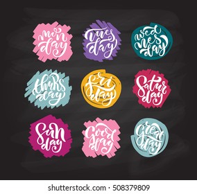 Drawn lettering typography poster with days of the week. Weekdays on textured background for postcard, planner, calendar, as icon, logo or badge.  Hand sketched vector calligraphy