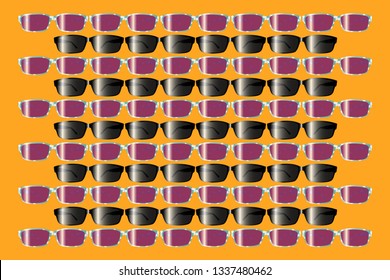 drawn light blue female and black man in sunglasses lined up and alternately in front of orange background.