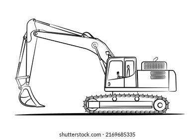 A drawn line of hydraulic excavator for earthmoving, commercial vehicle. Heavy backhoe construction machines equipment concept. Abstract Earth mover, digger. Crawler excavator line icon. Vector eps 10