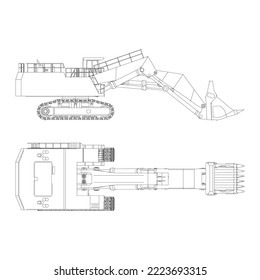 A drawn line of hydraulic excavator for earthmoving, commercial vehicle. Heavy backhoe construction machines equipment concept. Abstract Earth mover, digger. Crawler excavator line icon. Vector eps 10