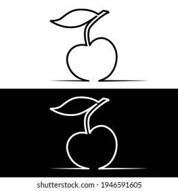 Silueta lineal dibujada de una cereza sobre un fondo blanco y negro para el logotipo y el diseño 