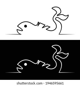 Drawn linear silhouette of a fish on a white and black background for the logo and design