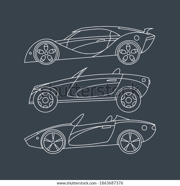 Drawn linear sports cars. Set for printing.\
Vector illustration