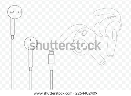 Drawn With lines Art Vector Isolated Pair of wireless WIFI Headphones and Earphones on Transparent background. Gadget for phones and smartphones. Vector illustration