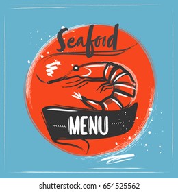 Drawn logo shrimp on blue background with sketch elements