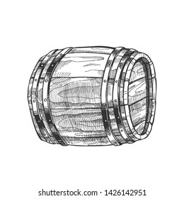 Drawn Lying Vintage Wooden Barrel Side View Vector. Monochrome Standard Barrel For Making, Storage And Shipping Alcoholic Beverage Rum Production. Closeup Black And White Cartoon Illustration