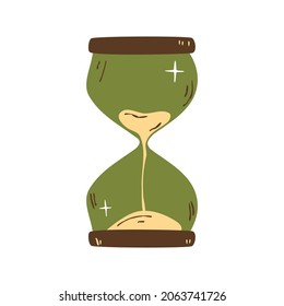 Drawn magic hourglass. Clock with stars. Vector illustration in flat hand drawn cartoon style. Isolated over white background.