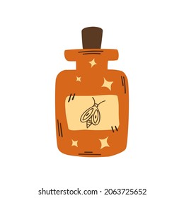 A drawn magic jar with a label. A bottle with a magic elixir. Magic potion. Occult vector illustration in flat hand drawn cartoon style. Isolated over white background.
