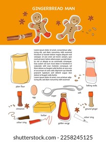  Hand drawn recipe for making gingerbread cookie in English. Vector illustration all the ingredients with typography elements. Design for For web article, book, flyer.