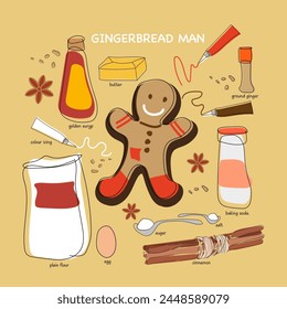  Gingerbread man. Hand drawn recipe for making gingerbread cookie in English. Vector illustration all the ingredients with typography elements. Design for For web article, book, flyer.