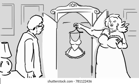 Drawn man and fat woman in an evening dress standing by the wardrobe. Woman  holding in her hand a little dress on a hanger. Black and white sketch. Simple drawing.