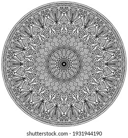 drawn mandala with flowers and ornaments in folk style for coloring on a white background, vector, coloring book pages