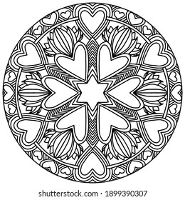 drawn mandala with hearts and ornaments in folk style on a white background for coloring, vector, mandala