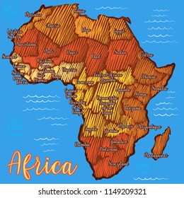 Drawn map of Africa, sketch style. Decorative map of the mainland