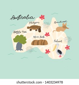 Drawn Map of Australia with colorful landmarks illustration design. Kids design poster. Geography drawing in scandinavian 
style. 