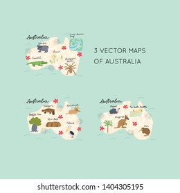 Drawn Map of Australia with colorful landmarks illustration design. Kids design poster. Geography drawing in scandinavian 
style. 