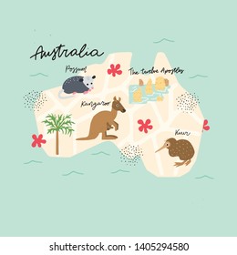 Drawn Map of Australia with colorful landmarks illustration design. Kids design poster. Geography drawing in scandinavian 
style. 