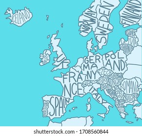 Drawn map of Europe with country names. European Union. Vector line hand-drawn sketch. Blue colour.