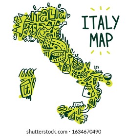 drawn map of Italy in Doodle style, graphic cartoon Italian map