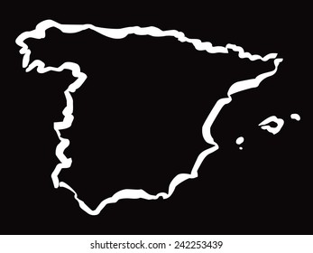 Drawn Map of Spain borders. EPS vector outline graphic. Black and white drawing.
