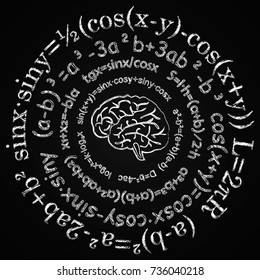 The drawn mathematical formulas on a black background, in the center the brain is drawn,vector illustration