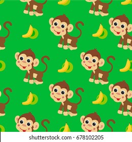 Drawn Monkey. Jumping fun monkeys, seamless pattern. Childish background with cartoon character.