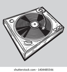 Drawn monochrome funky musical turntable
