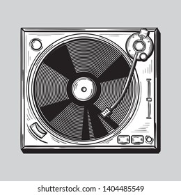 Drawn monochrome funky musical turntable