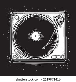 Drawn monochrome funky musical turntable