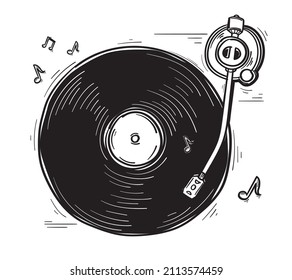 Drawn monochrome playing musical turntable