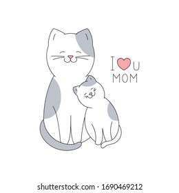 Drawn mother cat and baby kitten on a white background. Mother's day card in cartoon style.