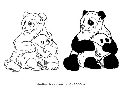 Drawn mother panda with a child. Bamboo bear. Mom and child. Pandas. Sketch. Animals in the wild. Asia. Japan. China. ink. Wild animals. Bear.