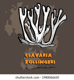 Drawn mushrooms.  Graphic design with typography, hand-drawn strokes and dots.  Linear art style. Horizontal poster, greeting card, header for website .